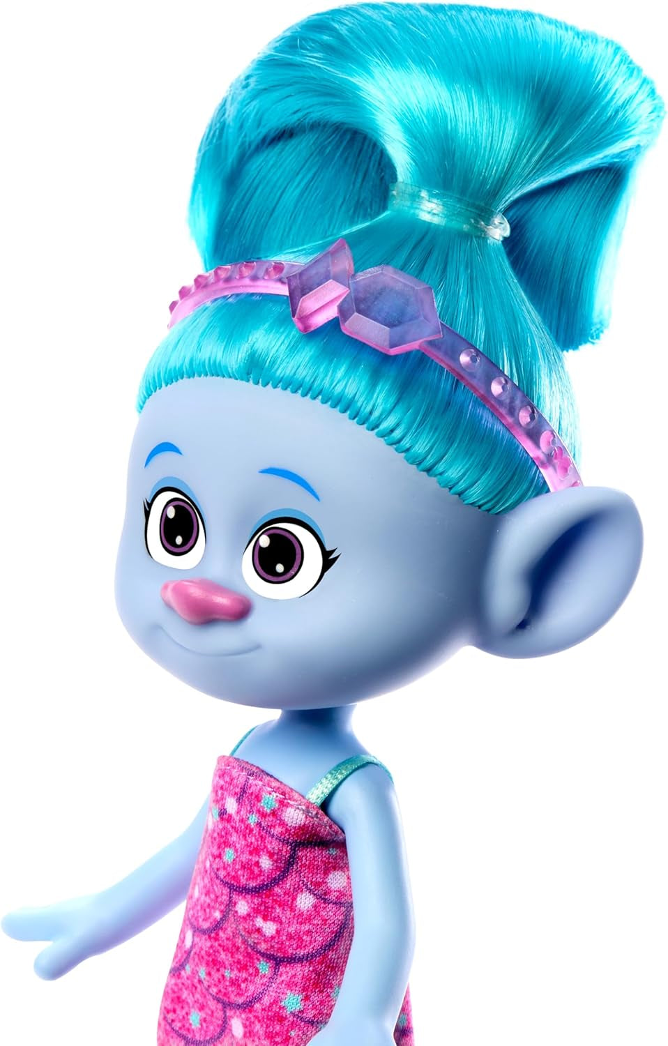 Mattel DREAMWORKS TROLLS Gemeinsam Stark – Haarige Überraschungen Chenille Puppe mit leuchtend blauem Haar zum Stylen, lila Stirnband, für Kinder ab 3 Jahren, HNF15