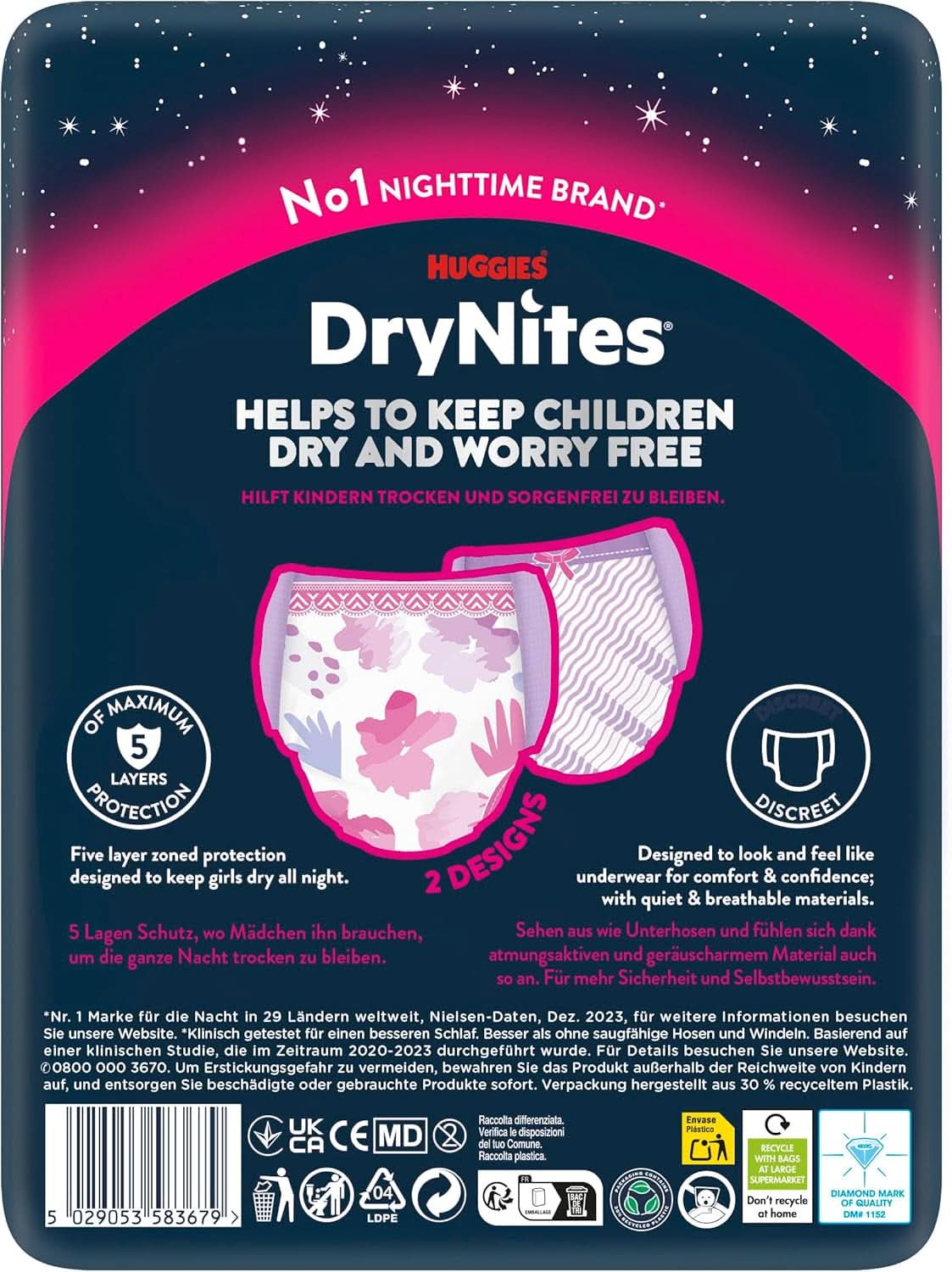 Pieluszki nocne Huggies Drynites dla dziewczynki od 13 do około 17 lat (48-60 kg), 27 sztuk (3X9), pakiet miesięczny Matka i Dziecko Naty Shop