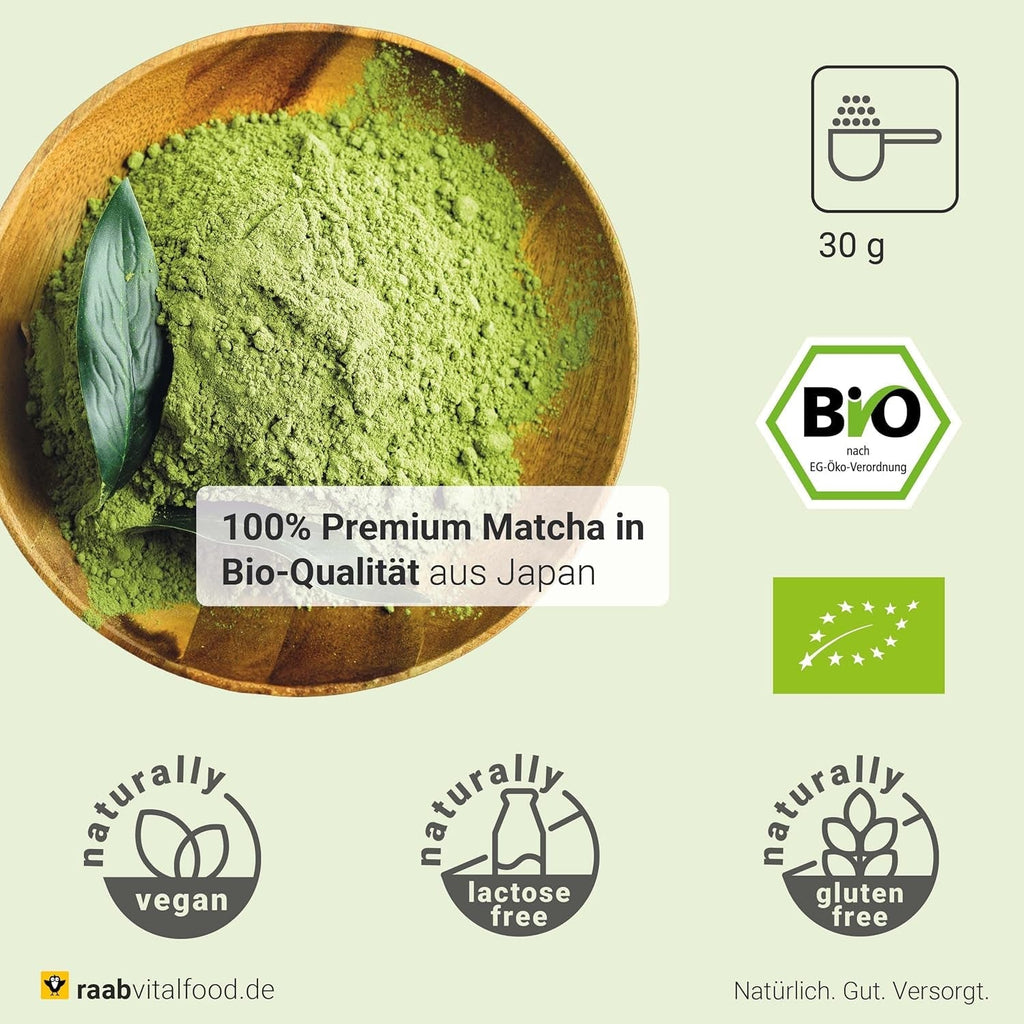 Raab Vitalfood® Pudră Matcha Premium Bio (30 g) - Original din Japonia, pudră Matcha pură fără aditivi, măcinată fin, gust fin-amar, pudră de ceai verde, vegan, ceremonie de ceai