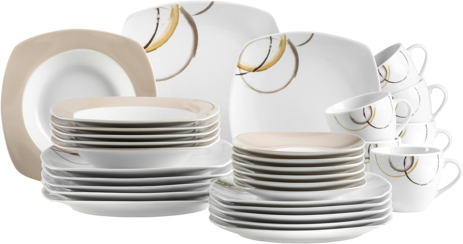 Set de veselă combinat MÄSER Nela, serie 30 piese, set de veselă pătrat pentru 6 persoane, alb/maro