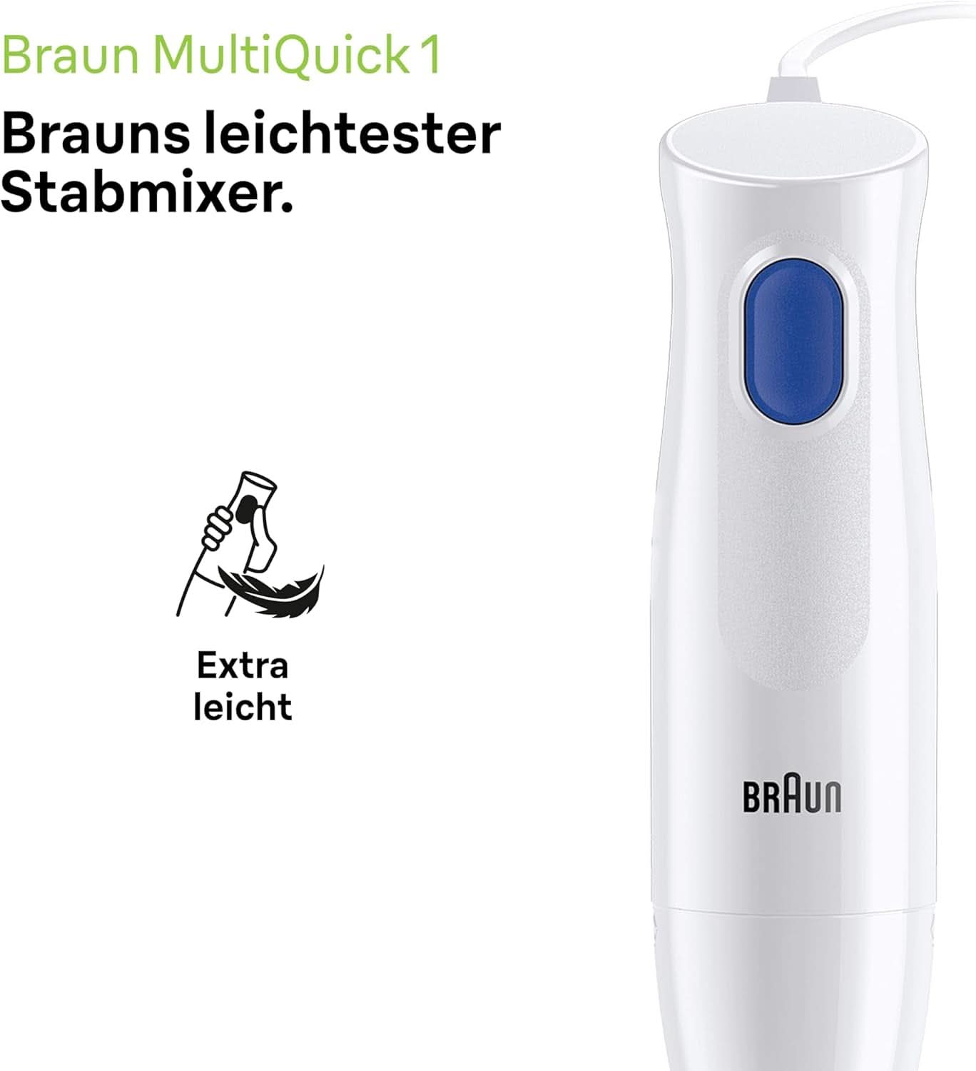Braun Stabmixer MQ10.001M Multiquick 1 - Extra Leichter Pürierstab Mit Edelstahl-Mixfuß Und Easytwist System, Inkl. 600 Ml Mix- & Messbecher, 450 Watt, Weiß Mama si Copilul Naty Shop