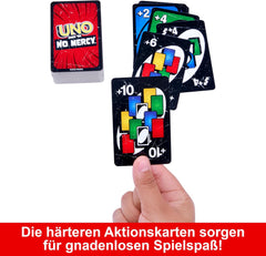 Mattel UNO Show „em No Mercy – 56 dodatkowych kart, wymagające karty akcji i brutalne zasady gry w najbardziej bezlitosnej wersji, zasady układania i wymiana rąk, wiek 7+, HWV18