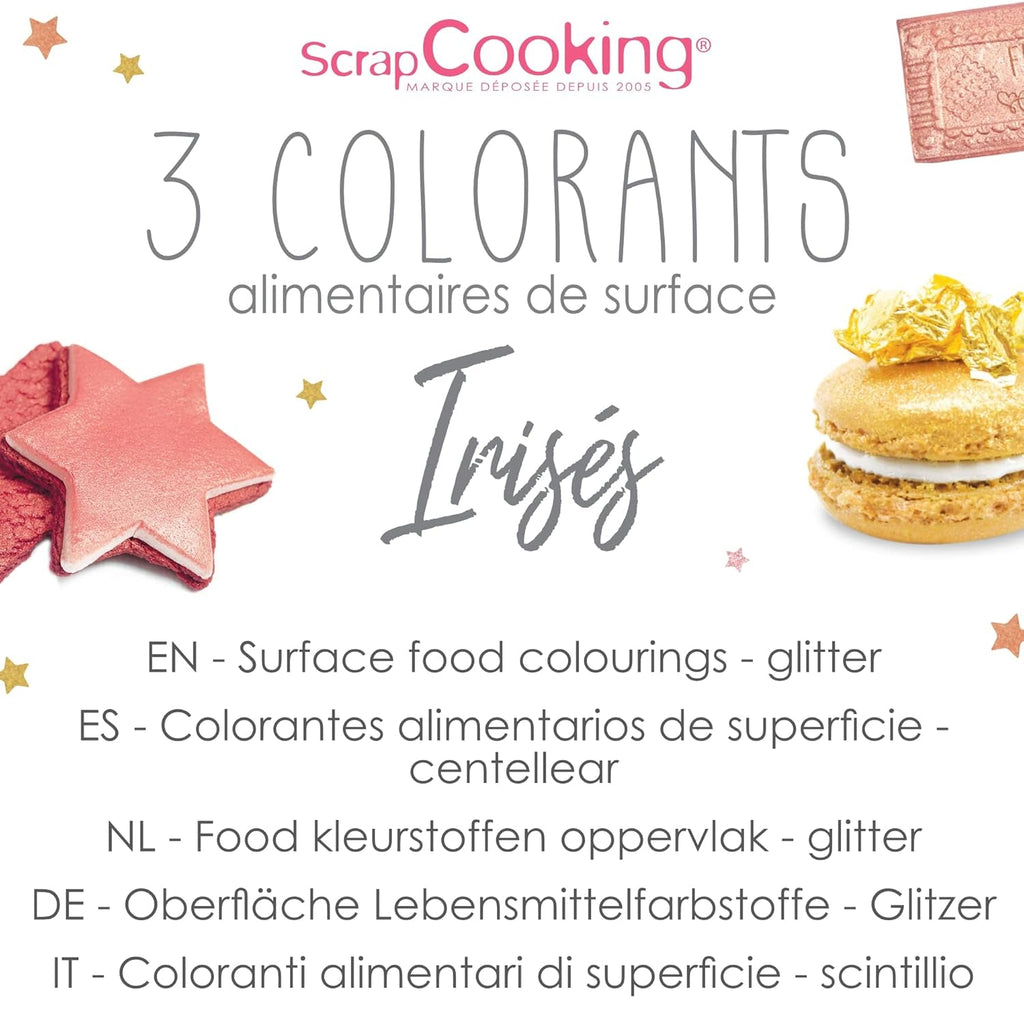 Scrapcooking - Set de 3 coloranți alimentari metalici - Colorant alimentar: auriu, auriu roz și rubin - Colorant alimentar comestibil pentru copt, prăjituri, fursecuri, torturi, ciocolată - 4019