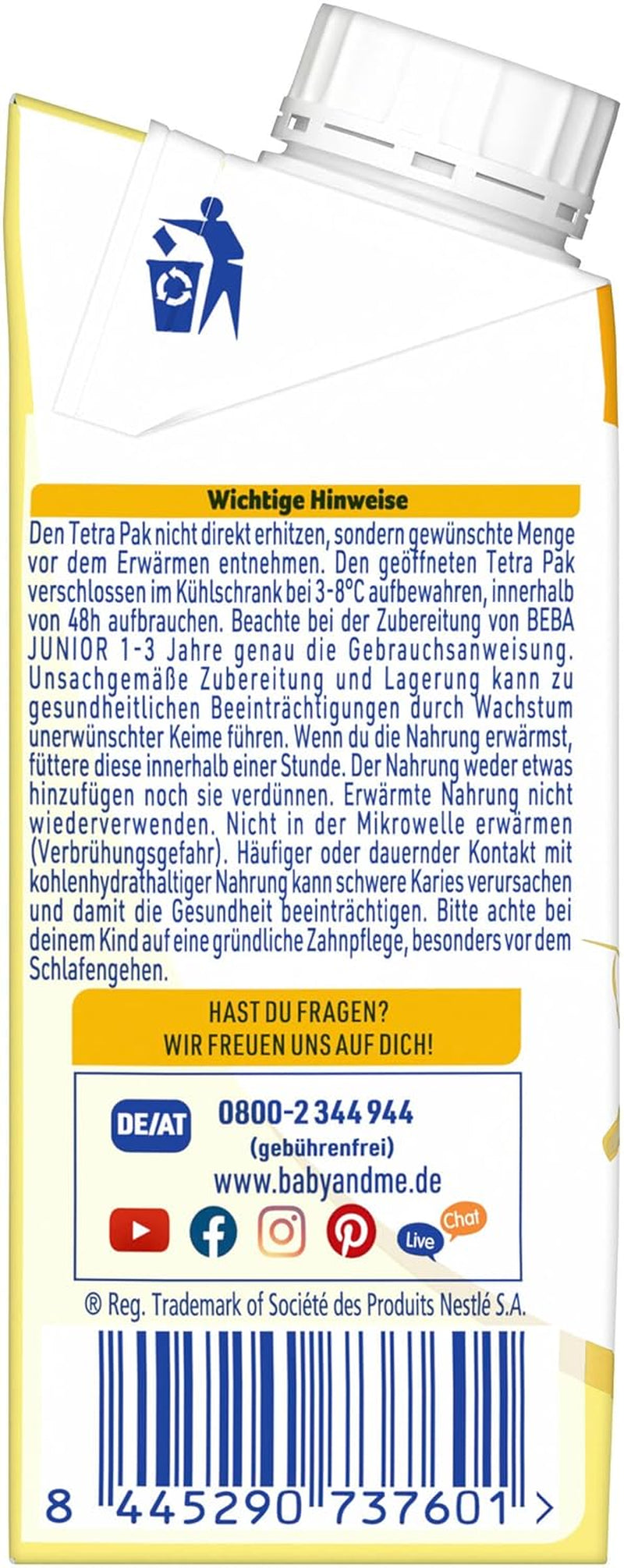 BEBA Junior Gotowy do spożycia napój mleczny dla dzieci 1-3 lat, z HMO, zawartość białka dostosowana do wieku, bez oleju palmowego, bez oleju rybnego, żywność dla małych dzieci, opakowanie 6 szt. (6 x 200 ml)