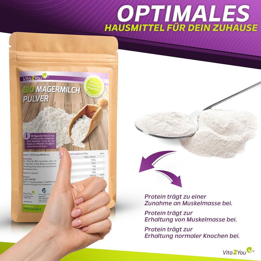 Vita2You Bio Odtłuszczone Mleko w Proszku 1000g - 100% Bio Qualität - do pieczenia - Kaffeeweißer - Milchpulver für Joghurts - 1kg - Premium Qualität