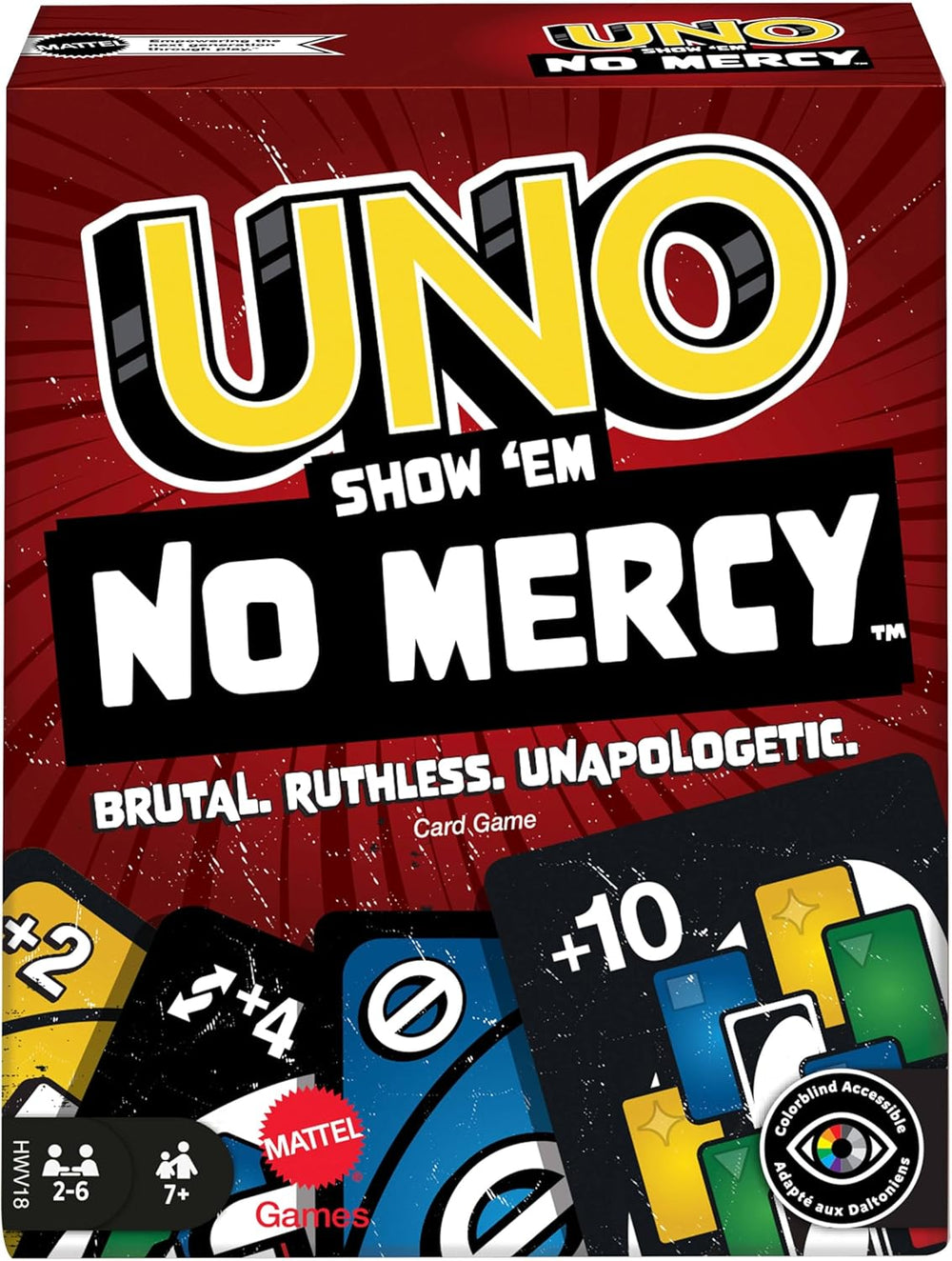 Mattel UNO Show „em No Mercy – 56 dodatkowych kart, wymagające karty akcji i brutalne zasady gry w najbardziej bezlitosnej wersji, zasady układania i wymiana rąk, wiek 7+, HWV18
