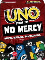 Mattel UNO Show „em No Mercy – 56 dodatkowych kart, wymagające karty akcji i brutalne zasady gry w najbardziej bezlitosnej wersji, zasady układania i wymiana rąk, wiek 7+, HWV18