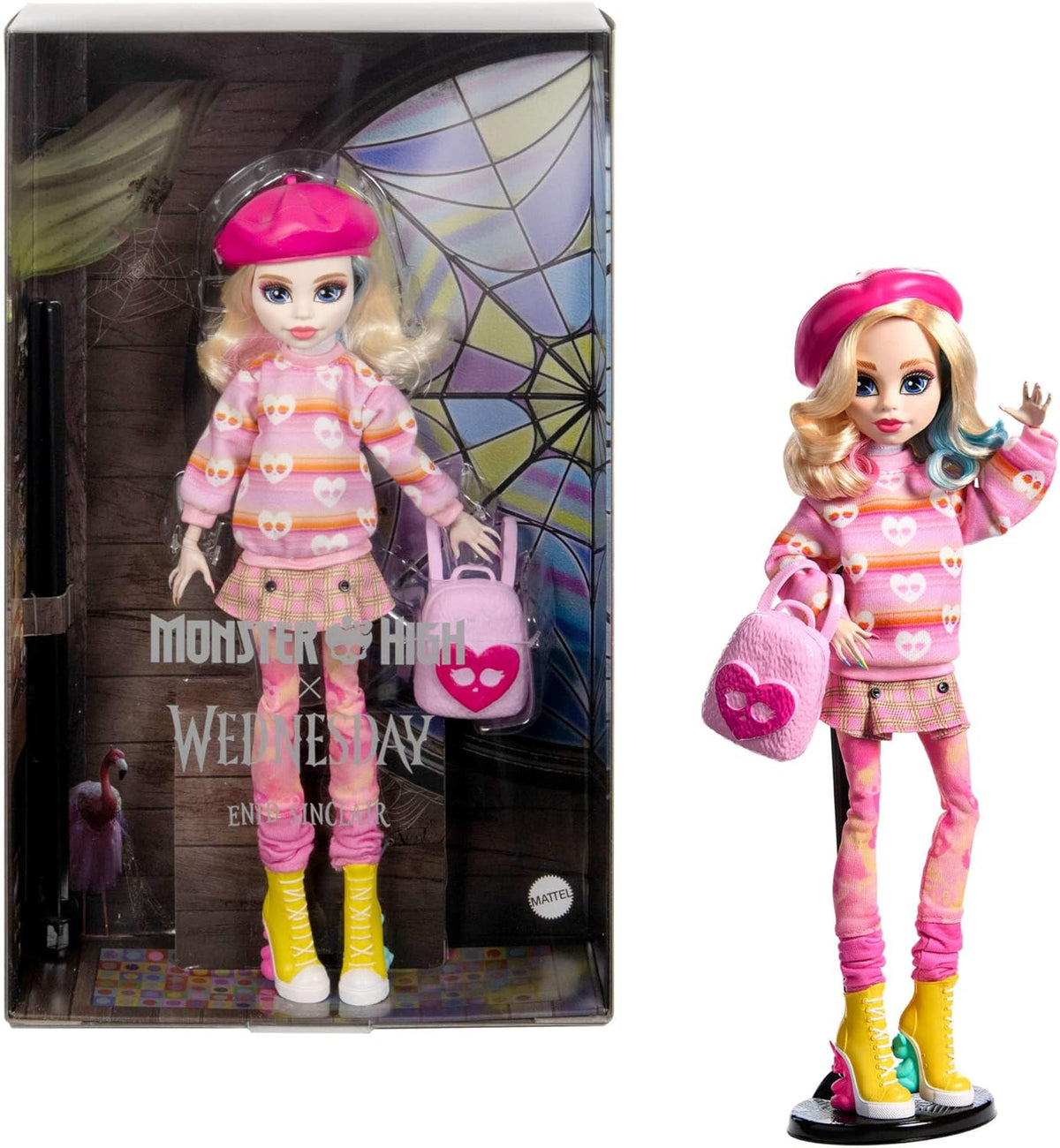 Păpușa și accesorii Monster High Wednesday, figurină de colecție Enid Sinclair roz cu beretă și rucsac, suport pentru păpuși, HXJ05