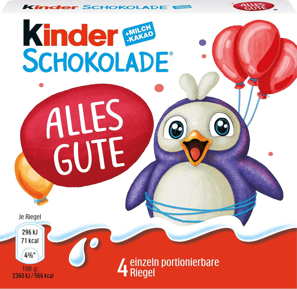 Kinder Chocolate (20 x 50g) - Prezent na Walentynki dla niego i dla niej, słodycze karnawałowe i Mardi Gras - Nadziewane batoniki mlecznej czekolady - 20 opakowań po 4 pojedyncze tabliczki w każdym