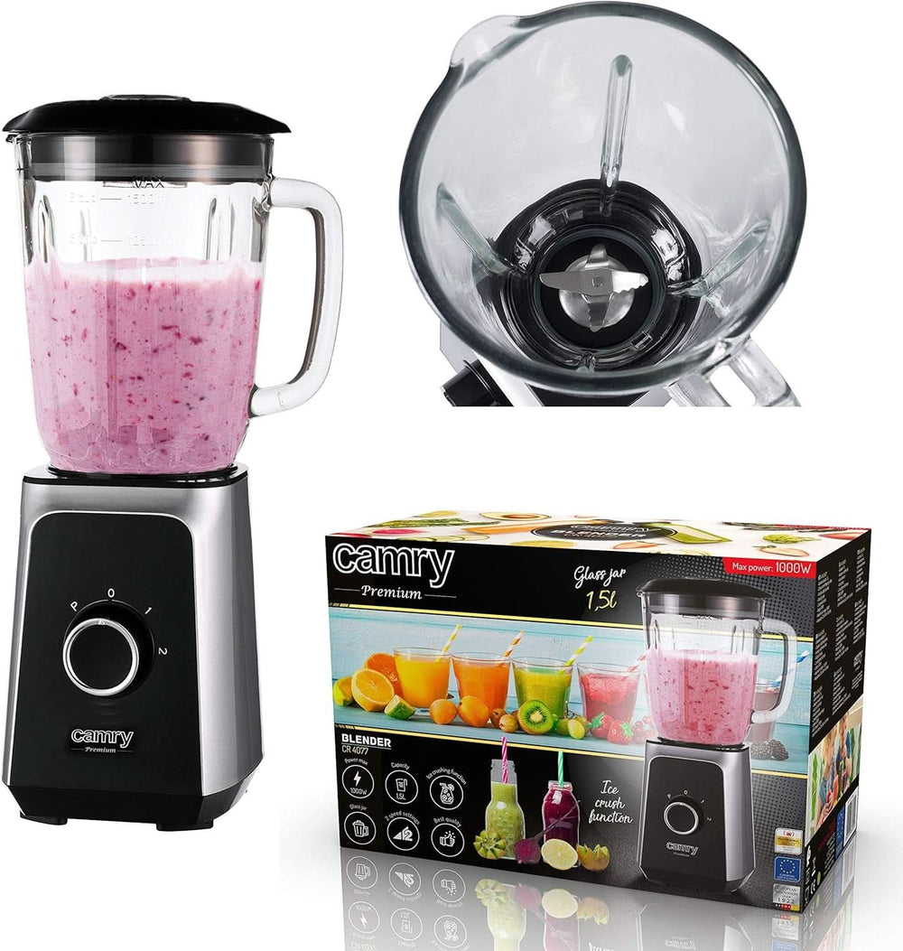 CR 4077 Mikser stojący Mit 1,5L Glasbehälter, Smoothie Maker, Hochleistungsmixer, Mahlung, Eis-Zerkleinerung, Pulsfunktion, Edelstahlklingen, 2 Geschwindigkeiten, 1000W, Schwarz/Silber Kitchen Naty Shop
