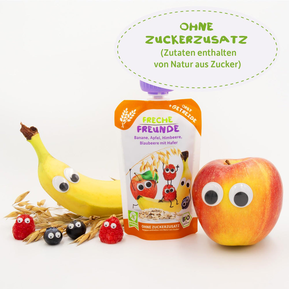 FRECHE FREUNDE Organiczna saszetka owocowa Banan, jabłko, malina, jagoda z owsem, puree owocowe ze zbożami w wyciskanej torebce dla dzieci od 6. miesiąca życia, wegańskie, opakowanie 6 szt. (6 x 100 g)