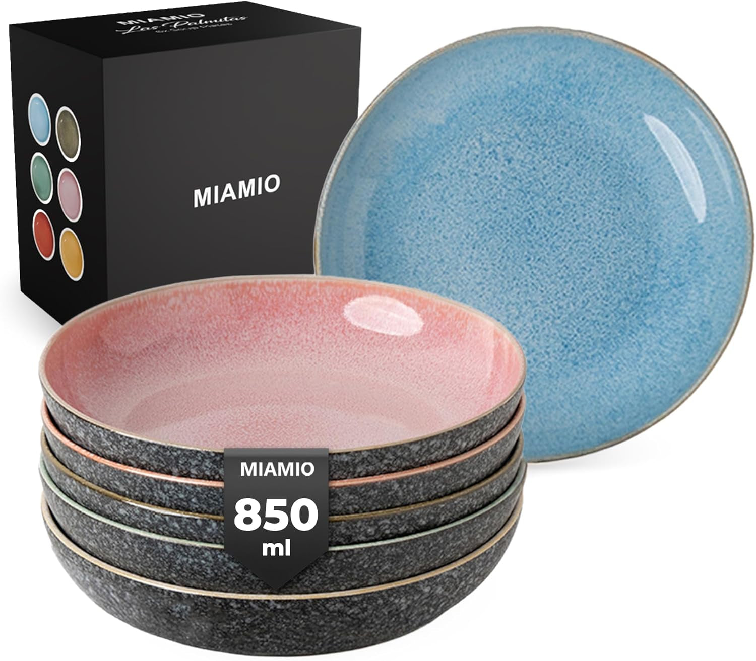 MIAMIO - Farfurii de masă, set de 6 (850 ml) / Farfurii mari și adânci pentru paste, set de farfurii pentru 6 persoane, bol de salată ceramic / Se poate spăla în mașina de spălat vase și în cuptorul cu microunde - Colecția Las Palmitas