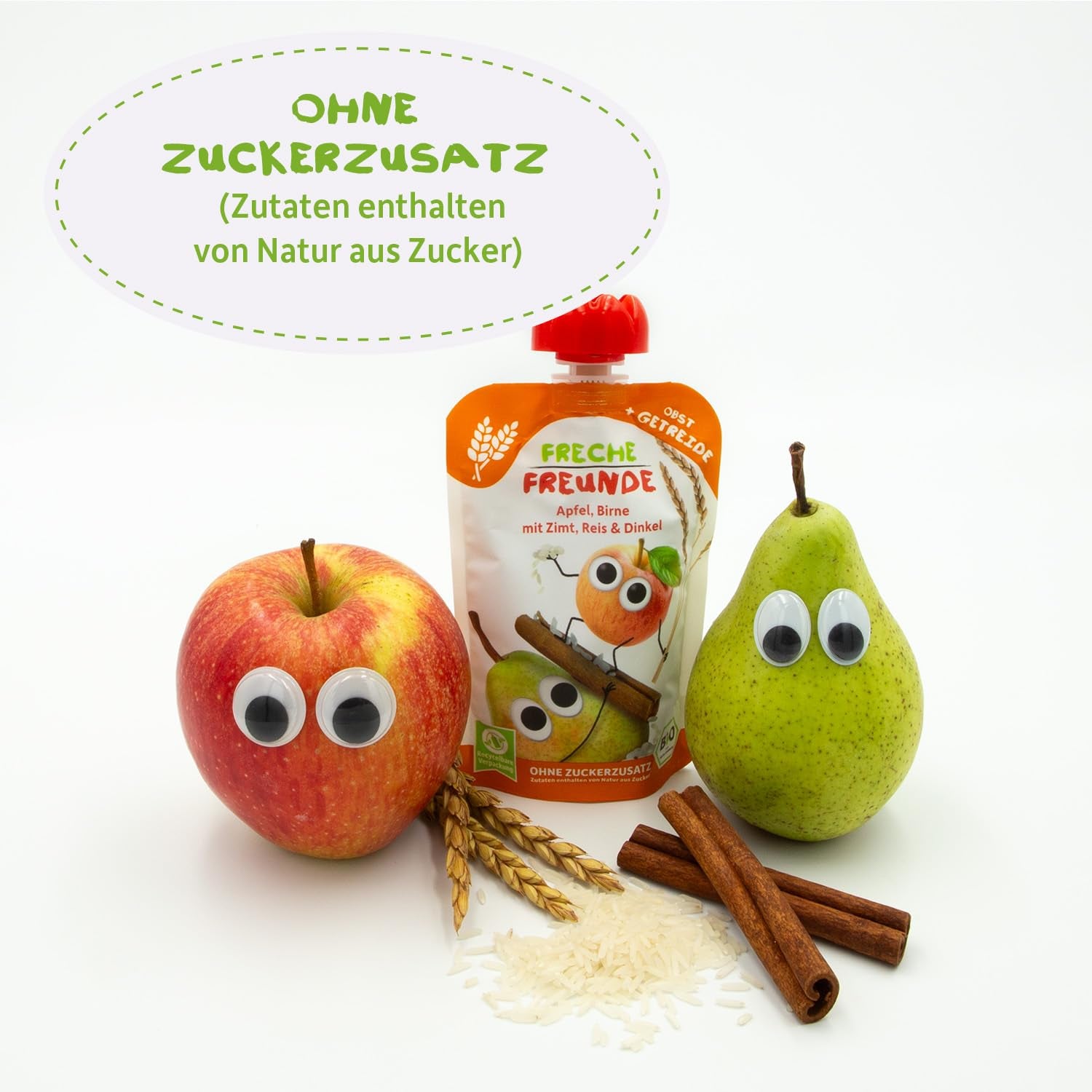 FRECHE FREUNDE Organiczne saszetki owocowe do wyciskania Jabłko Cynamon Gruszka Ryż Orkisz Puree owocowe ze płatkami zbożowymi dla niemowląt 6 miesięcy + Wegańskie 6 szt. (6 x 100 g)