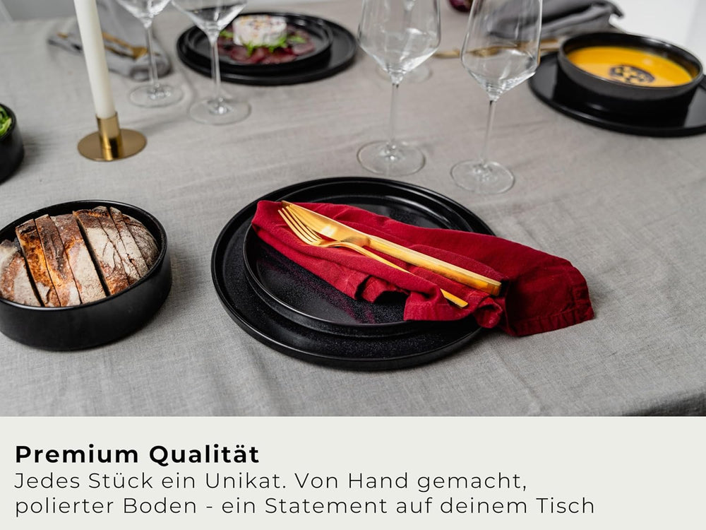 Set de veselă din gresie, set de bol și farfurii negre [12 piese pentru 4 persoane] Set de veselă neagră, 100% lucrat manual, cu glazură reactivă de calitate premium