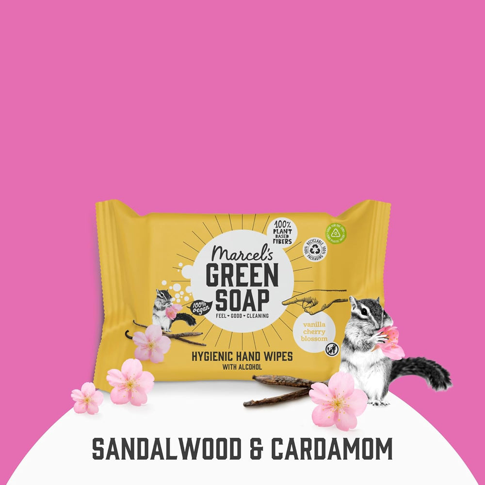 Chusteczki nawilżane do rąk Marcel's Green Soap, 60 szt. - Wanilia i kwiat wiśni - Na bazie roślin - Organiczne