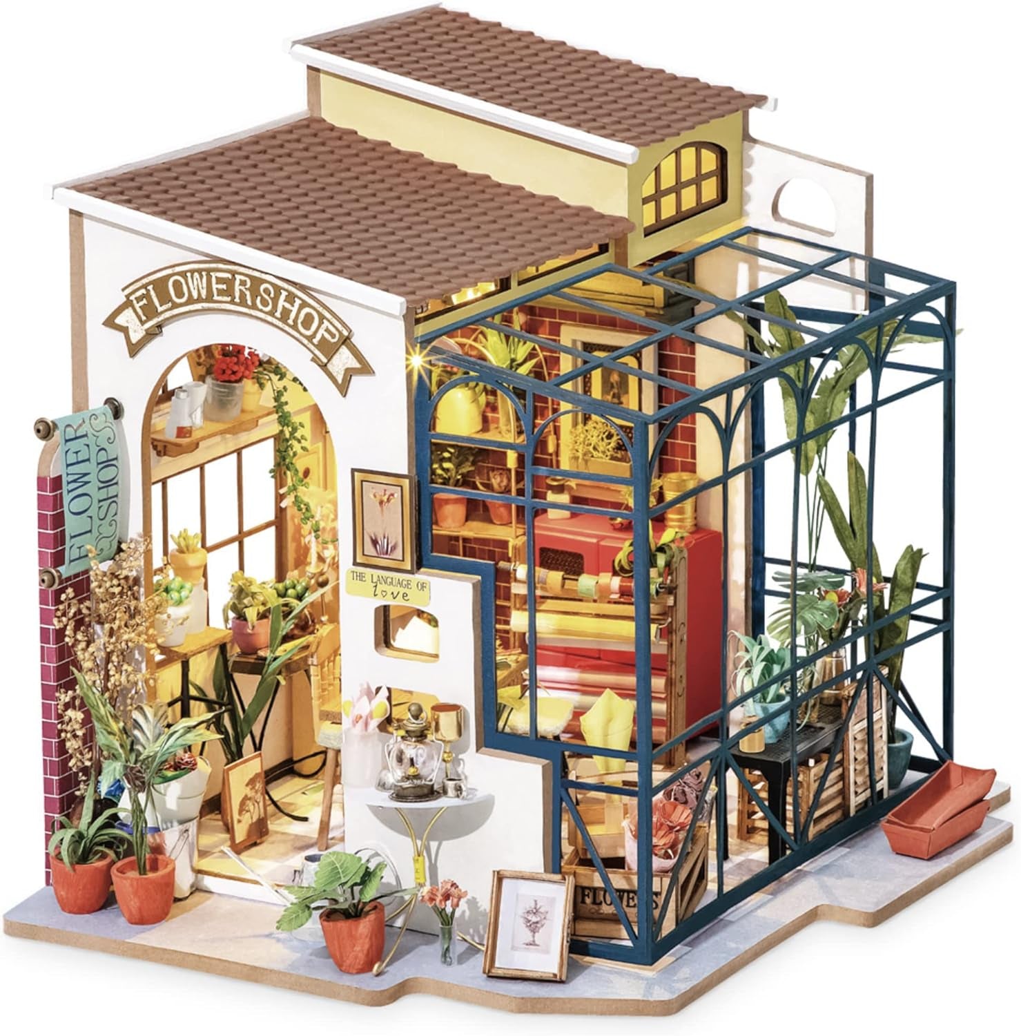 Robotime DG145 Rolife Emily's Flower Shop Miniaturowy domek dla lalek Wykonany z drewna, metalu, tkaniny i kartonu, Wymiary: 22 X 15 X 17 Cm, Domy dla lalek Naty Shop