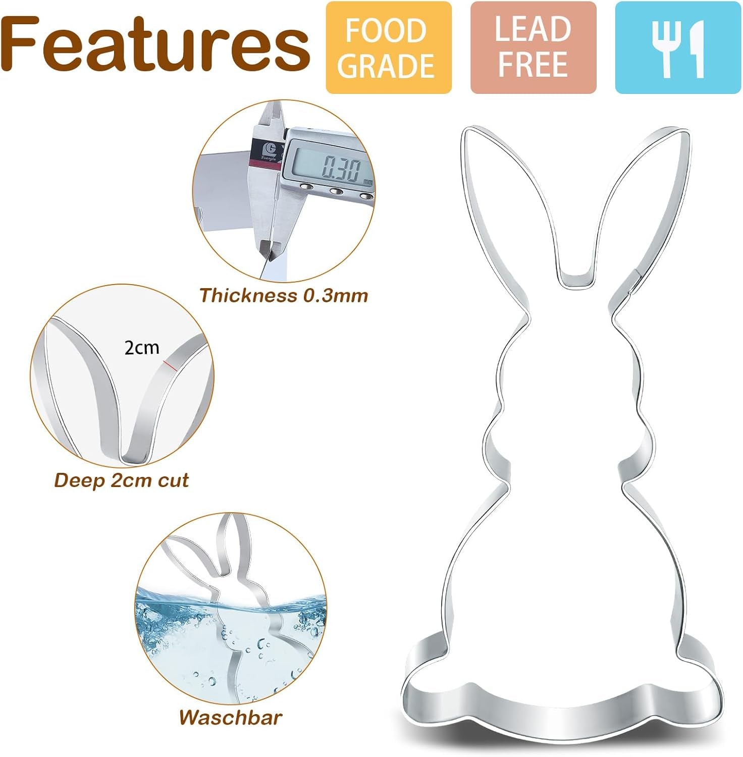 Formă mare de tăiat fursecuri de Paște 12,7/8 cm, formă de tăiat fursecuri cu iepuraș de Paște, inimă de ou de Paște cu iepure, formă de tăiat fursecuri de Paște din oțel inoxidabil, formă de copt din oțel inoxidabil pentru fursecuri pentru copii