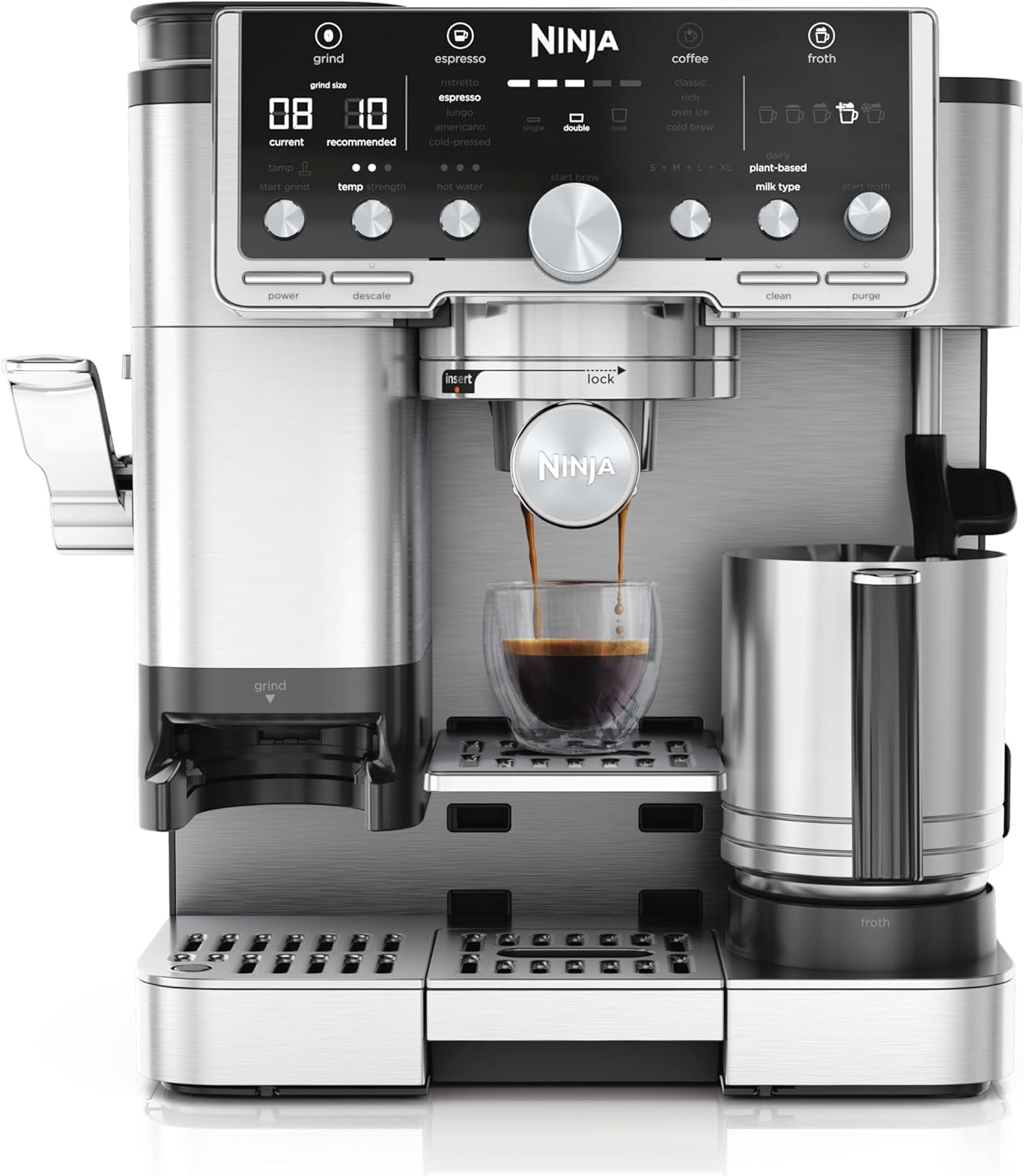 Aparat de cafea Ninja Luxe Pro 3 în 1 cu râșniță și spumator pentru latte, cappuccino, Cold Brew și espresso, ușor de utilizat, 5 presetări pentru spumator, argintiu, ES701EU