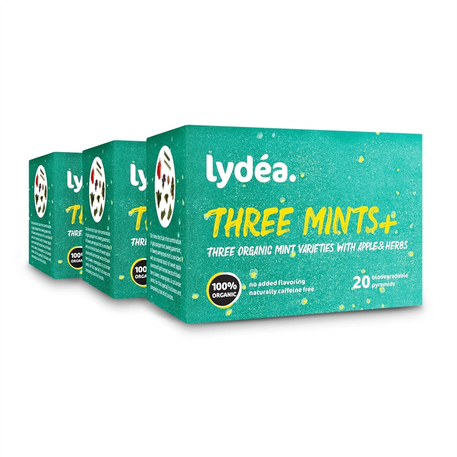 Lydea Three Mints+, ceai organic din plante cu trei sortimente de mentă, mere și plante, 60 piramide, pachet de 3 [3 x 20 piramide]