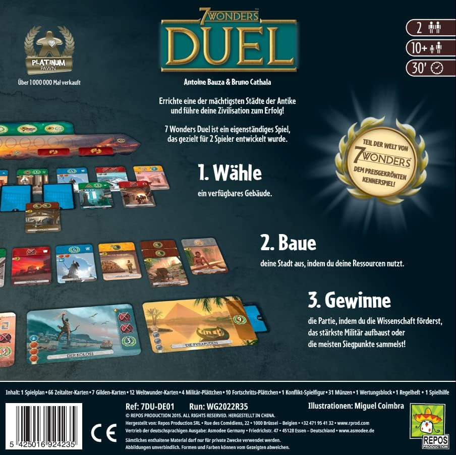 Asmodee 7 Wonders Duel, gra podstawowa, gra dla koneserów, gra strategiczna, 2 graczy, wiek 10+, 30 minut, niemiecki