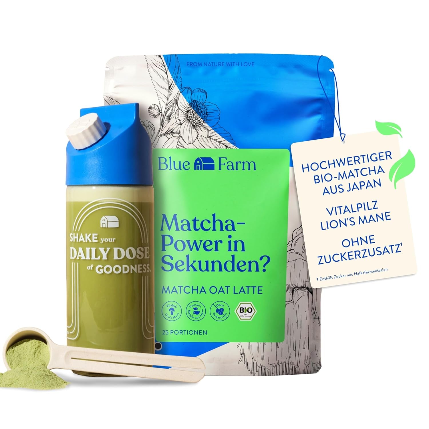Blue Farm Bio Matcha Oat Latte auf Haferbasis ohne Zuckerzusatz - Mit dem Vitalpilz Lion's Mane - Wegańskie - bez laktozy i glutenu (300 g, Matcha)