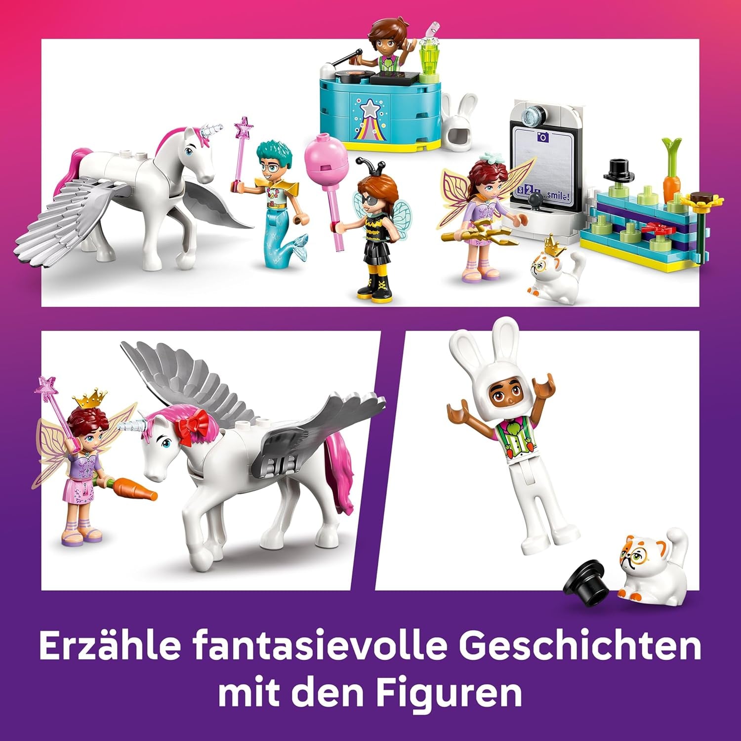 LEGO Friends Kostümparty mit Einhorn und Fee - Spielzeug für Mädchen ab 6 Jahren - Bühne, DJ-Pult, 4 Minipuppen, der Katze Churro und Einer Pferdefigur sowie lustigem Zubehör - Pomysł na prezent - 42661