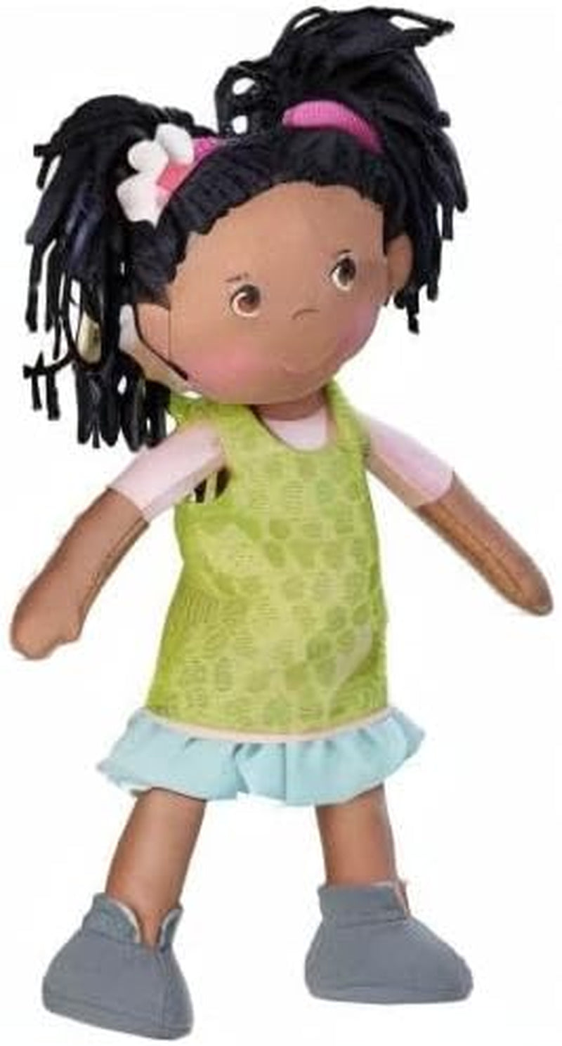 HABA 304576 - Puppe Cari, 30 cm, Weich- und Stoffpuppe für Kinder ab 18 Monaten, mit ausziehbarer Kleidung und Langen Haaren