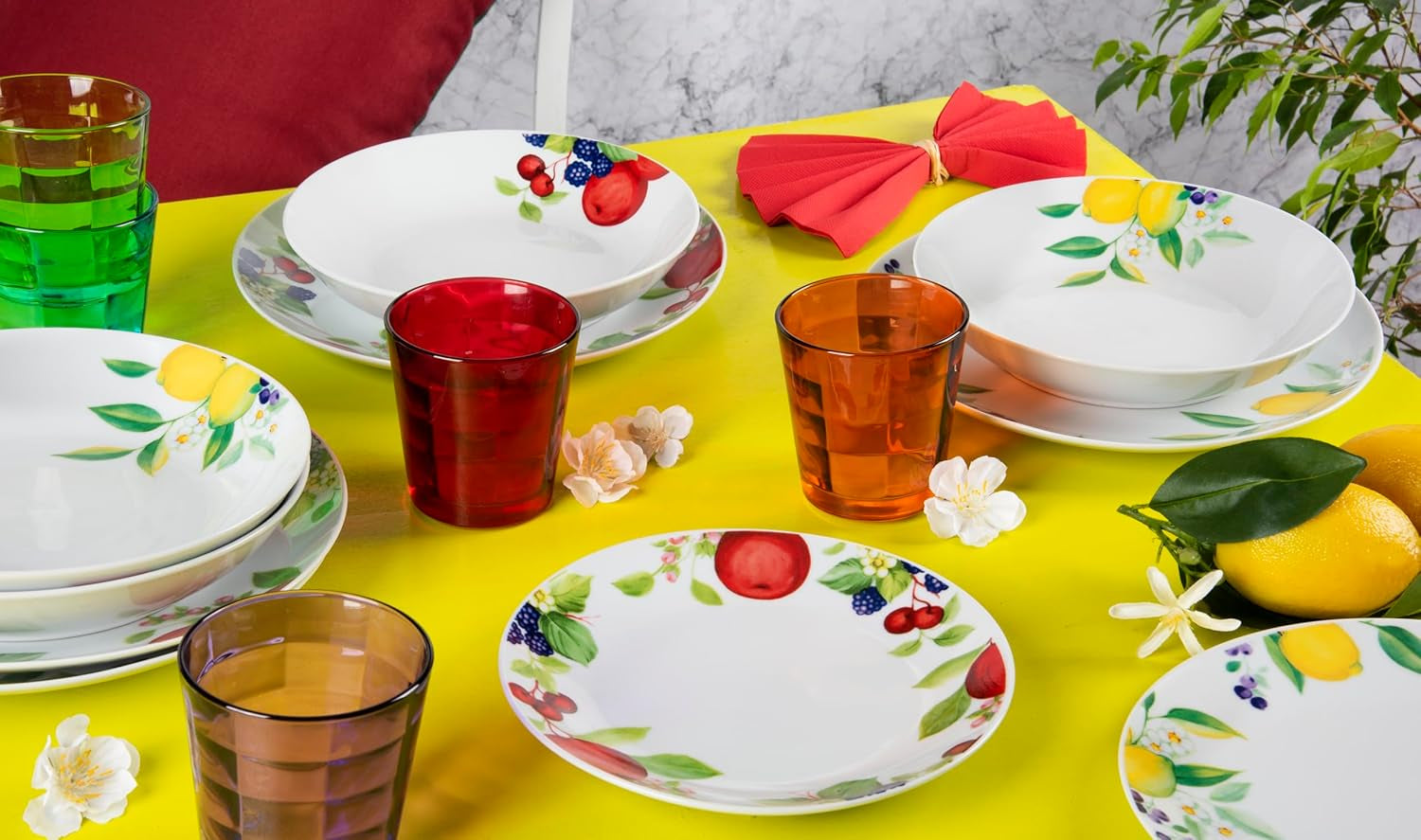 Set de veselă Excelsa Lemon, 18 piese, porțelan, alb/lămâie