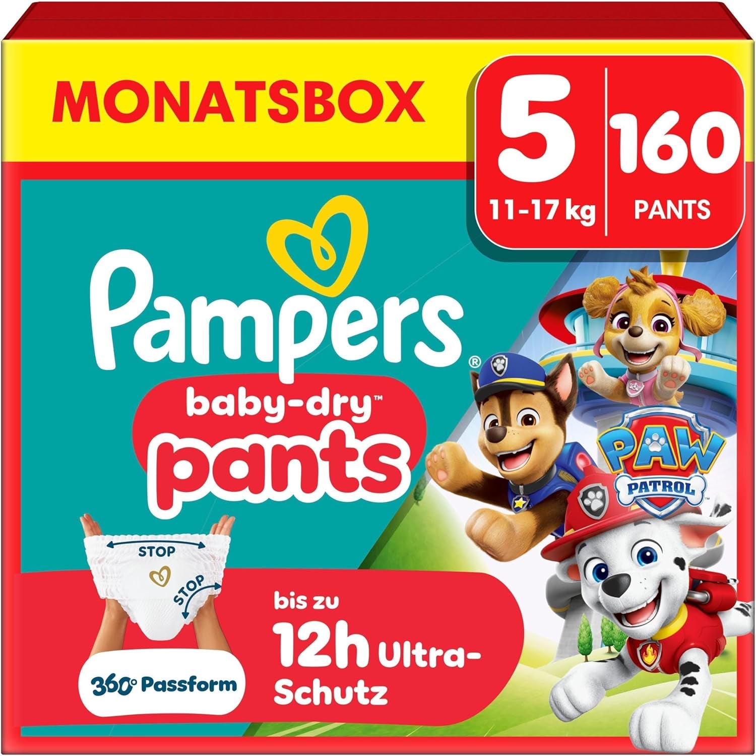 Pampers Baby Dry Pants Pieluszka Patrol Puppy Edition, rozmiar 5, 160 pieluszek, 11 kg - 17 kg, regulacja 360° z systemem zatrzymania i zabezpieczenia