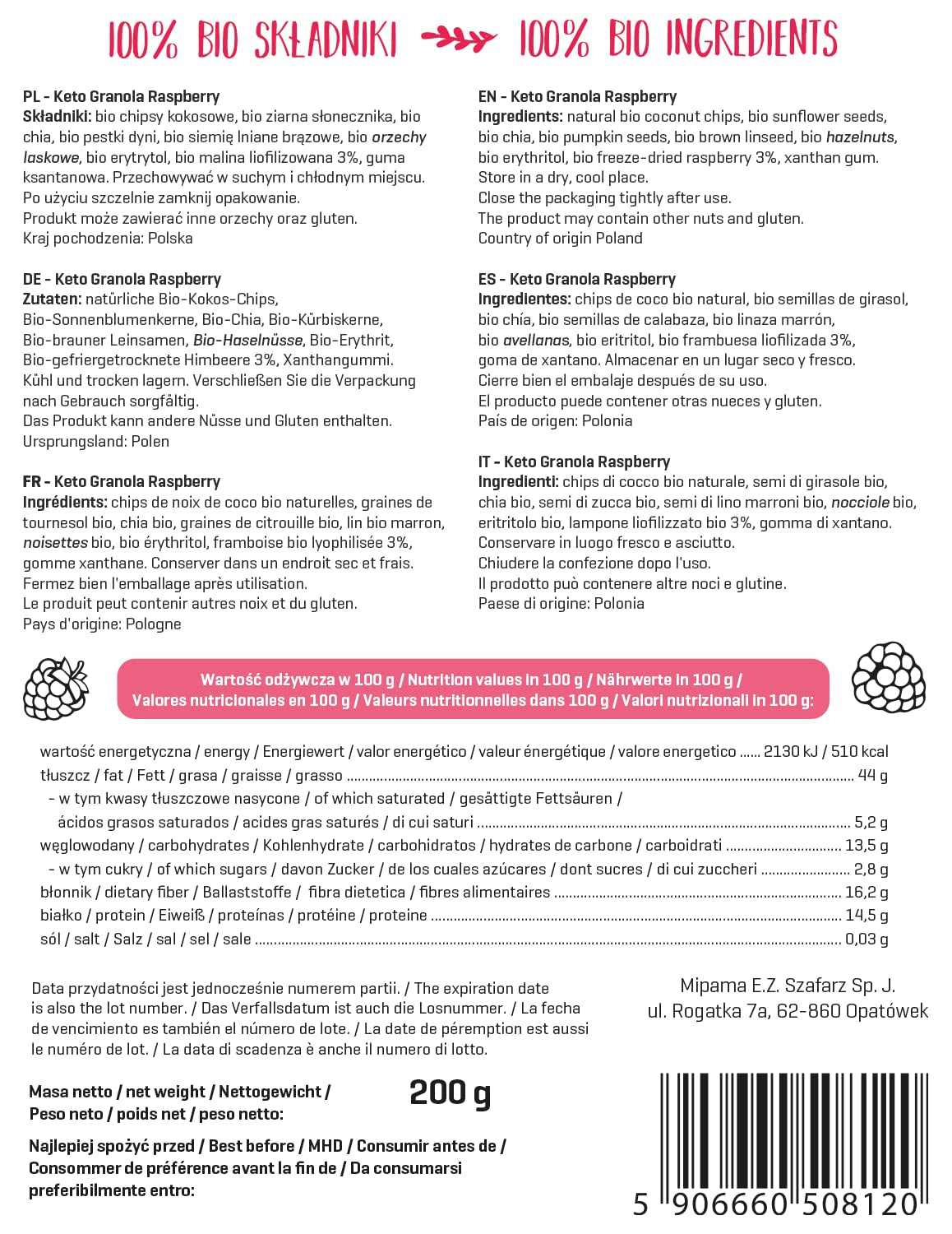 DIET-FOOD Keto Granola Mit Himbeere Low Carb Und Fettarm Glutenfreies Granola Frühstücksmüsli Non-Gmo Snack Ohne Zuckerzusatz 200G 1Er Pack Cereale Naty Shop