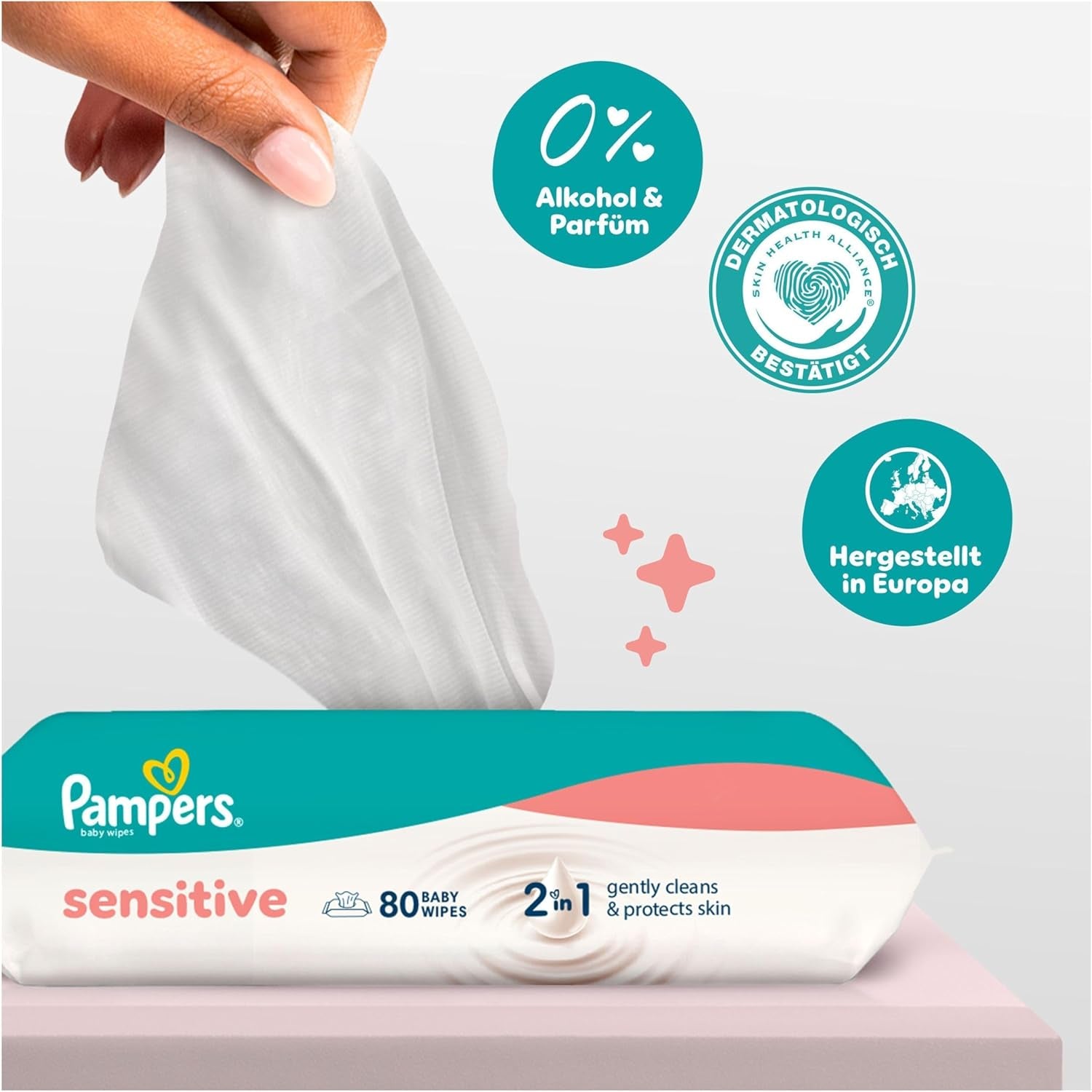 Chusteczki dla niemowląt Pampers Sensitive, 15 opakowań po 80 chusteczek, 1200 chusteczek dla niemowląt, delikatne oczyszczanie i ochrona skóry 2 w 1