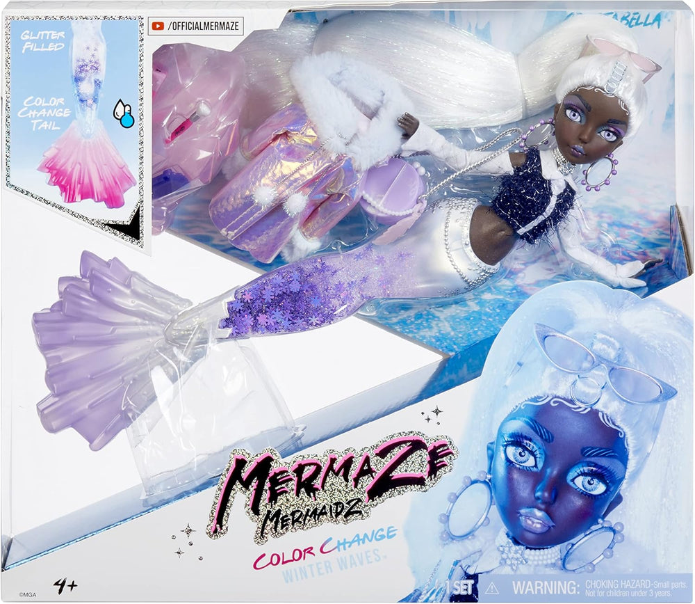 Mermaze Mermaidz™ Winter Waves Crystabella™ Meerjungfrau-Modepuppe z Farbwechsel-Flosse, glicernem Schwanz i Zubehör