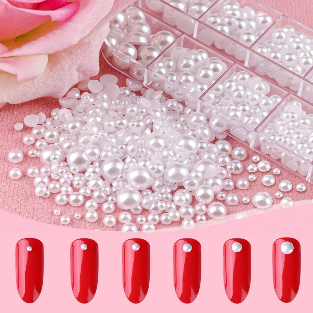 12 Größen Nail Art Perlen, Flache Perlen, Nail Art Accessoires, Halbkreis Nagelperlen, Weiße Nail Charms Und Glitzersteine Nägel Für Nail Art Design, DIY Basteln, Alltag, Hochzeit (2 Boxen)
