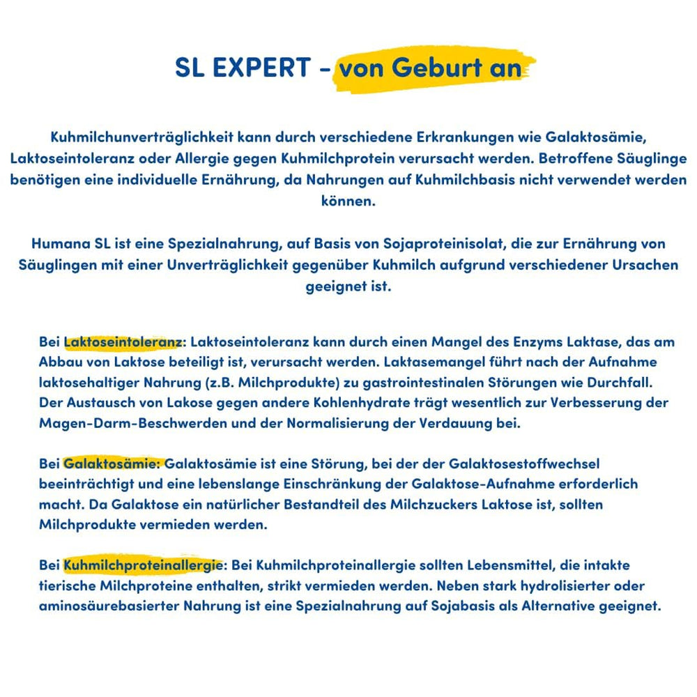 Humana SL Expert, od urodzenia, specjalny pokarm w przypadku nietolerancji mleka krowiego spowodowanej nietolerancją laktozy, galaktozemią lub alergią na białko mleka krowiego, dla niemowląt i małych dzieci, 600 G Sklep dla Matki i Dziecka Naty Shop