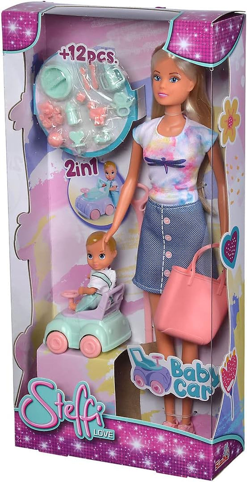 Simba 105733585 - Steffi Love Baby Car, Ankleidepuppe mit Kind, Laufauto, 2-in-1 Funktion, mit Handtasche and Babyzubehör, 12 Teile, 29cm Puppe, ab 3 Jahren