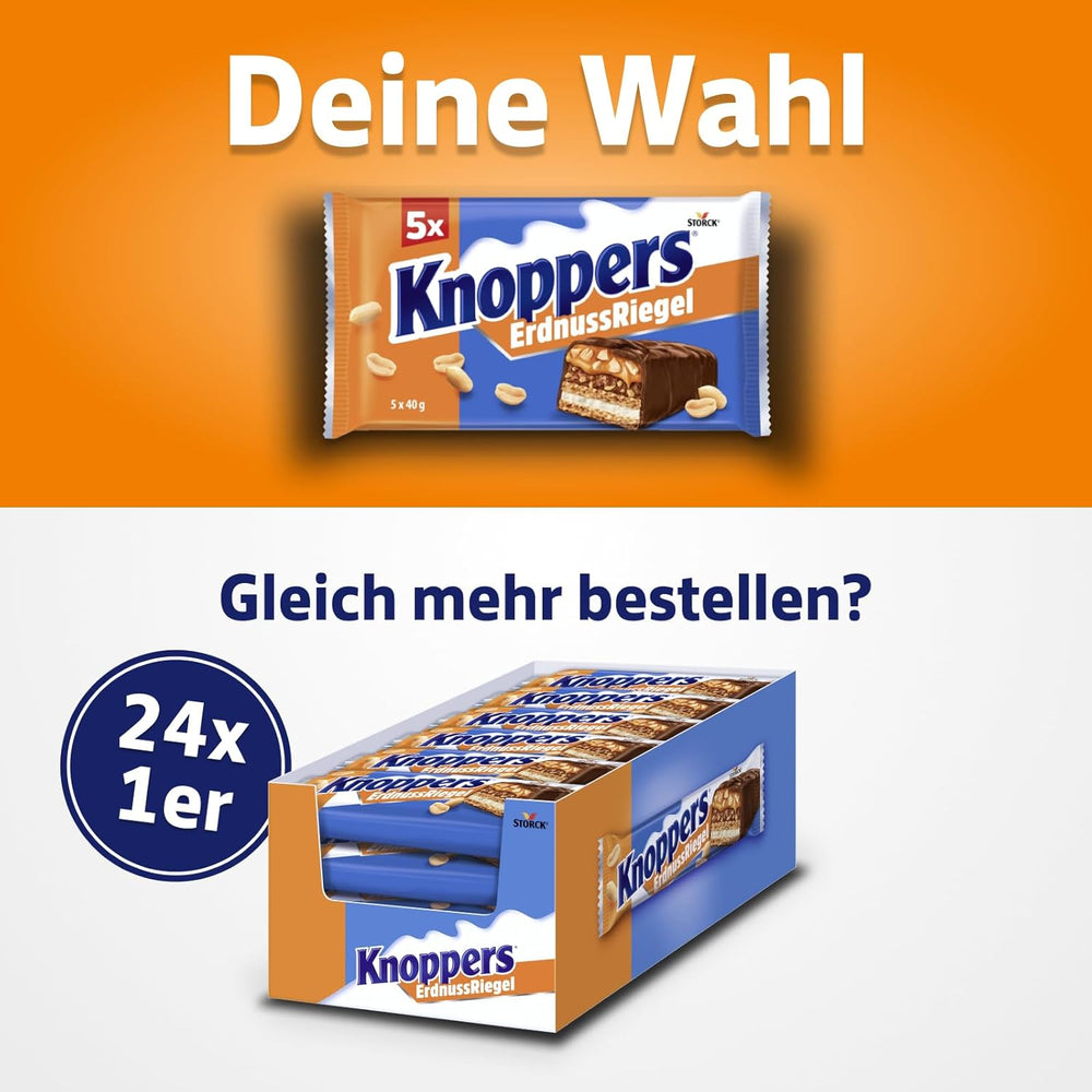 Knoppers Peanut Bar – 1 x 200g (5 batoników) – Baton mlecznej czekolady z kremem orzechowym, siekanymi solonymi orzeszkami ziemnymi, karmelem i mleczną czekoladą