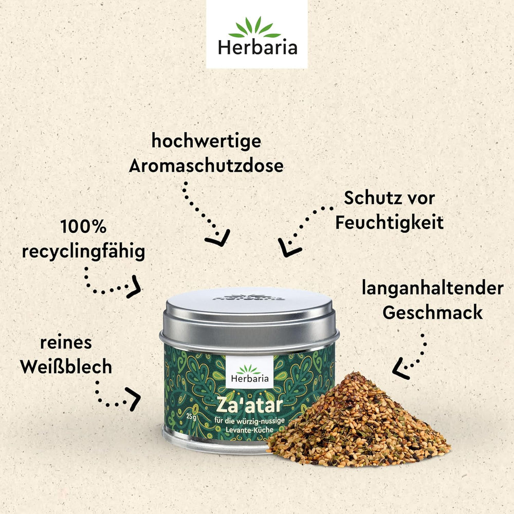 Herbaria Za'atar bio 25g S-Dose – Zaatar Gewürz, Zaatar Gewürz - orientalny Organic-Gewürmischung für Gerichte der Levante Küche - mit erlesenen Składnik - w nachhaltiger Aromaschutz-Dose