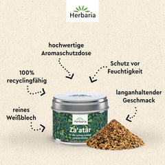 Herbaria Za'atar bio 25g S-Dose – Zaatar Gewürz, Zaatar Gewürz - orientalny Organic-Gewürmischung für Gerichte der Levante Küche - mit erlesenen Składnik - w nachhaltiger Aromaschutz-Dose