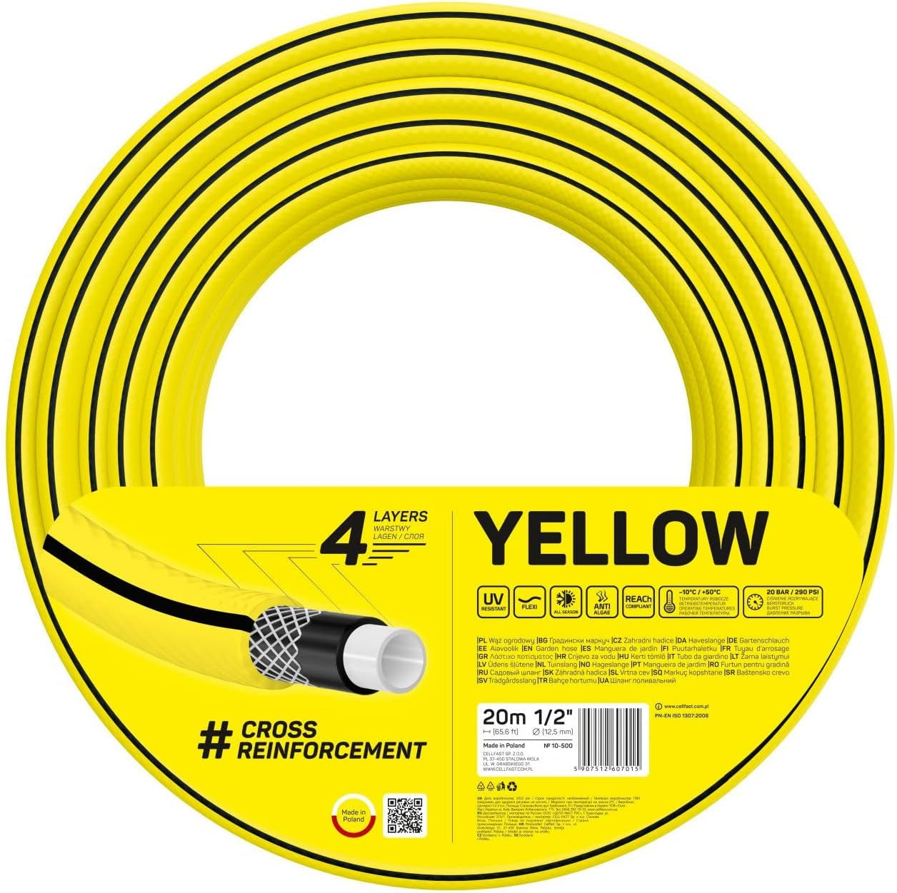 Furtun de grădină Cellfast GALBEN, ușor, durabil, cu 4 straturi, împletitură încrucișată durabilă, rezistent la UV și alge, rezistent la răsucire, tehnologie REACH, 20 bar, -10/+50°C, închidere: 1/2", 20m