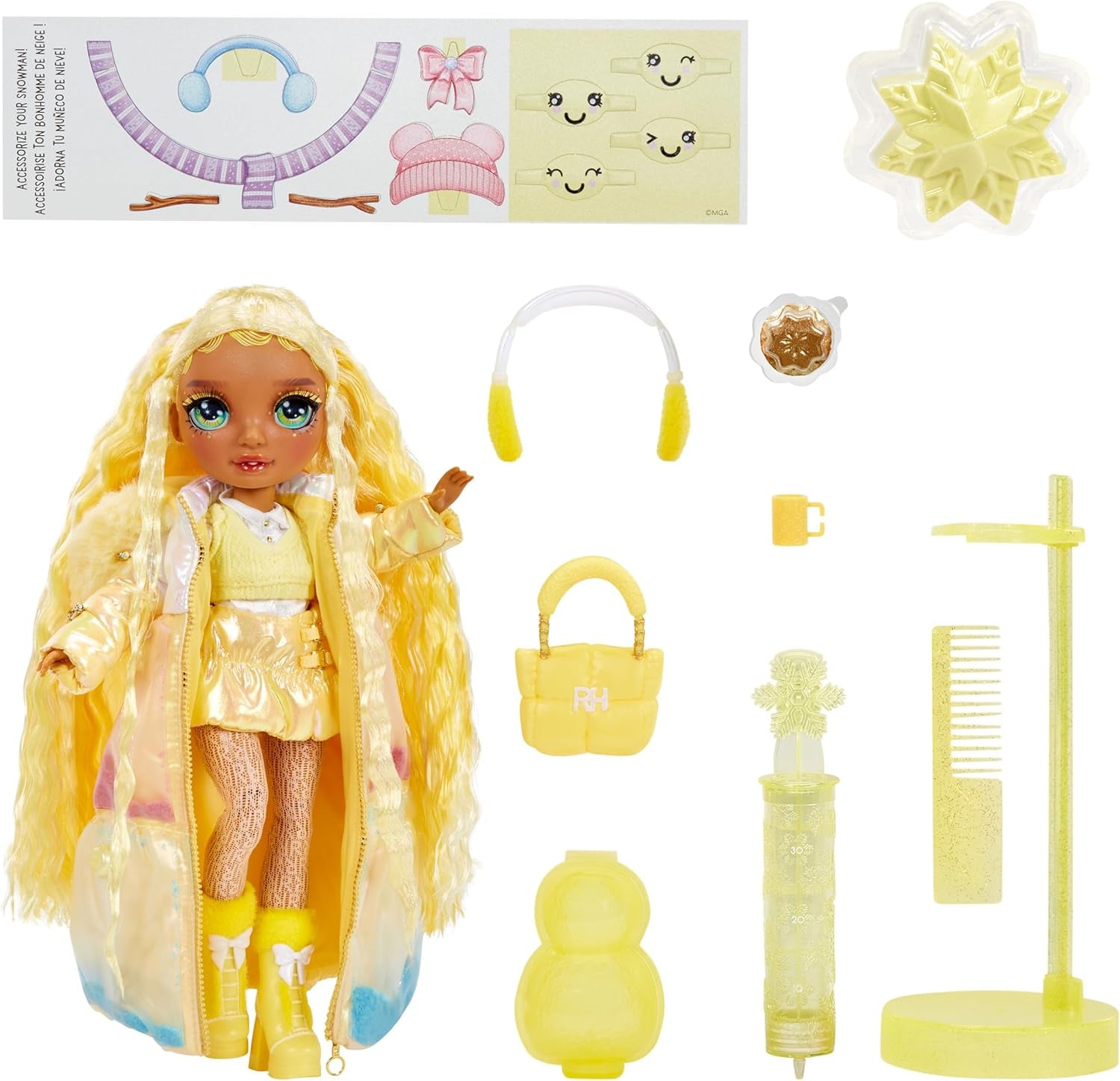 Rainbow High Winter Wonderland - Sunny (Galben) - Păpușă la modă de 28 cm, cu zăpadă magică ascunsă care se umflă cu apă, cu set de om de zăpadă, potrivită pentru copii 4-12 ani și colecționari