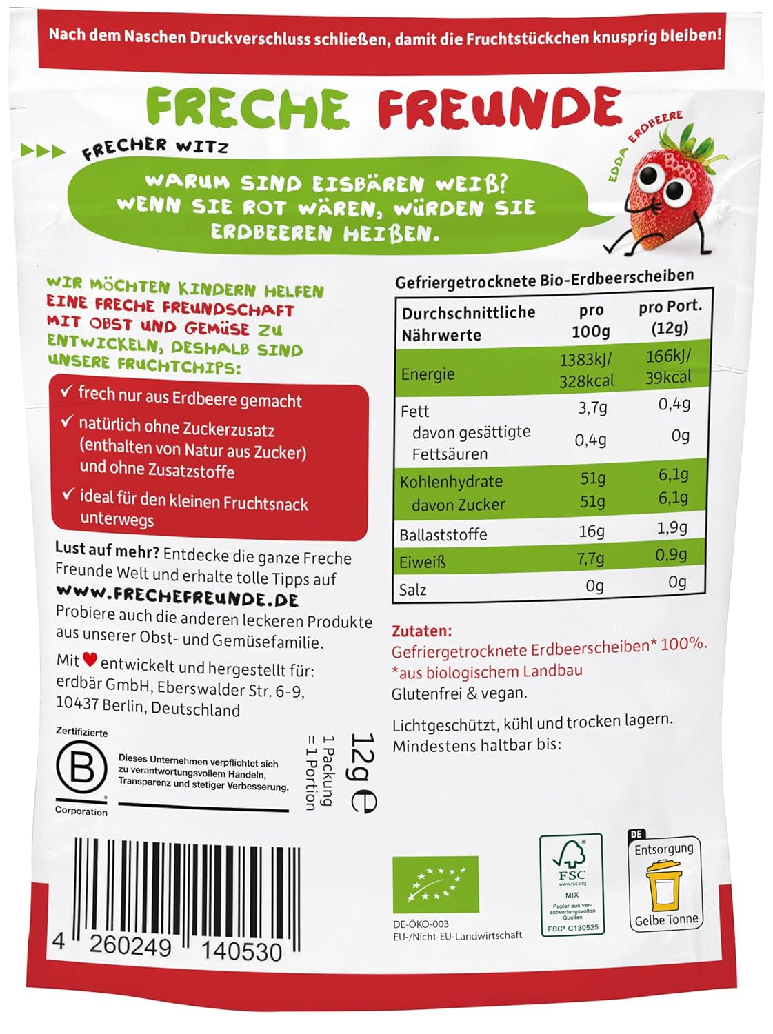 FRECHE FREUNDE Organiczne chipsy truskawkowe, liofilizowane chipsy owocowe, naturalne suszone owoce w plasterkach bez dodatku cukru, wegańskie, bez laktozy, bezglutenowe, opakowanie 12 sztuk (12 x 12g)
