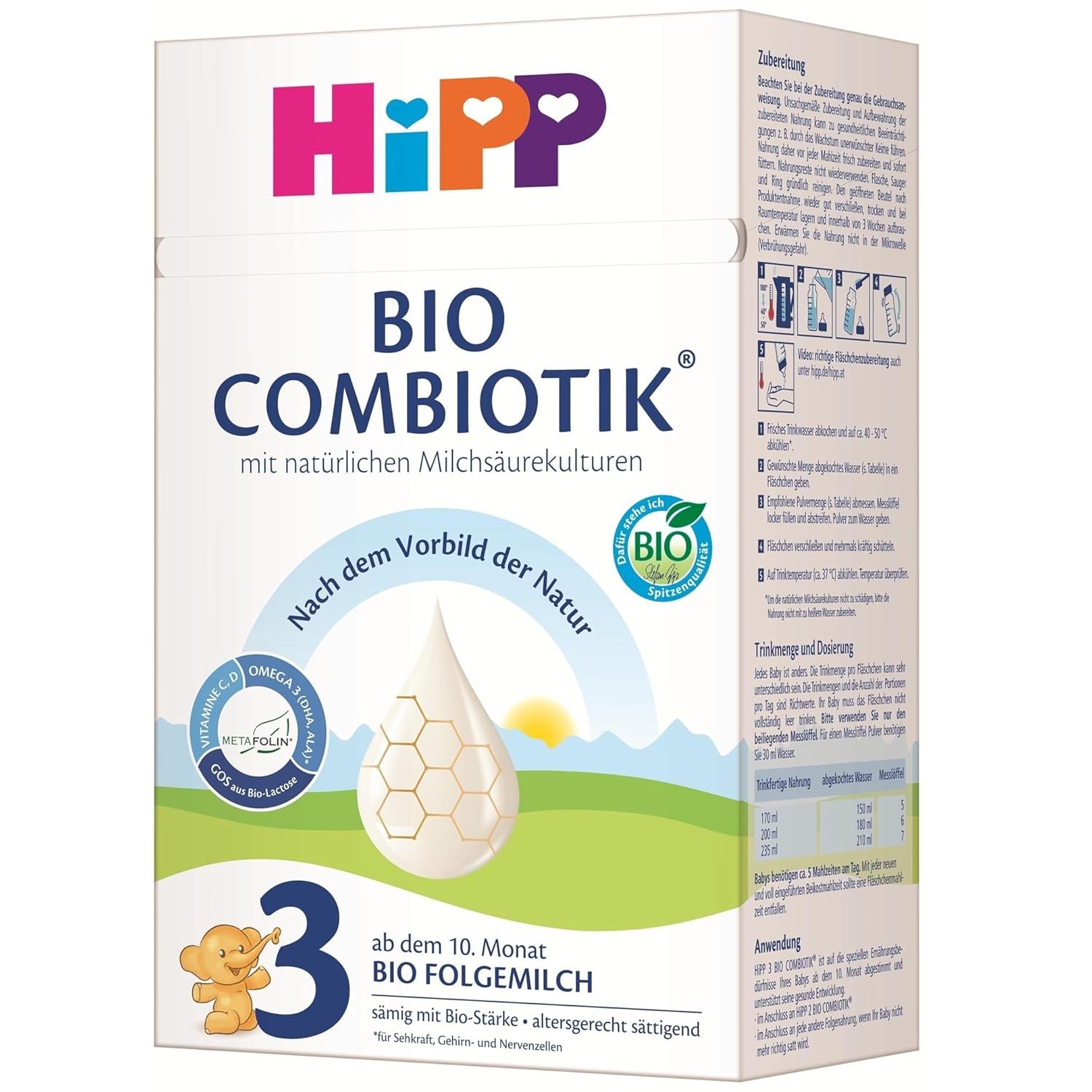 HiPP 3 Organic Combiotik (4 x 600g), mleko następne od 10 miesiąca życia, z naturalnymi kulturami kwasu mlekowego, witaminami C i D, GOS, Omega-3 (DHA, ALA), najwyższej jakości organicznej