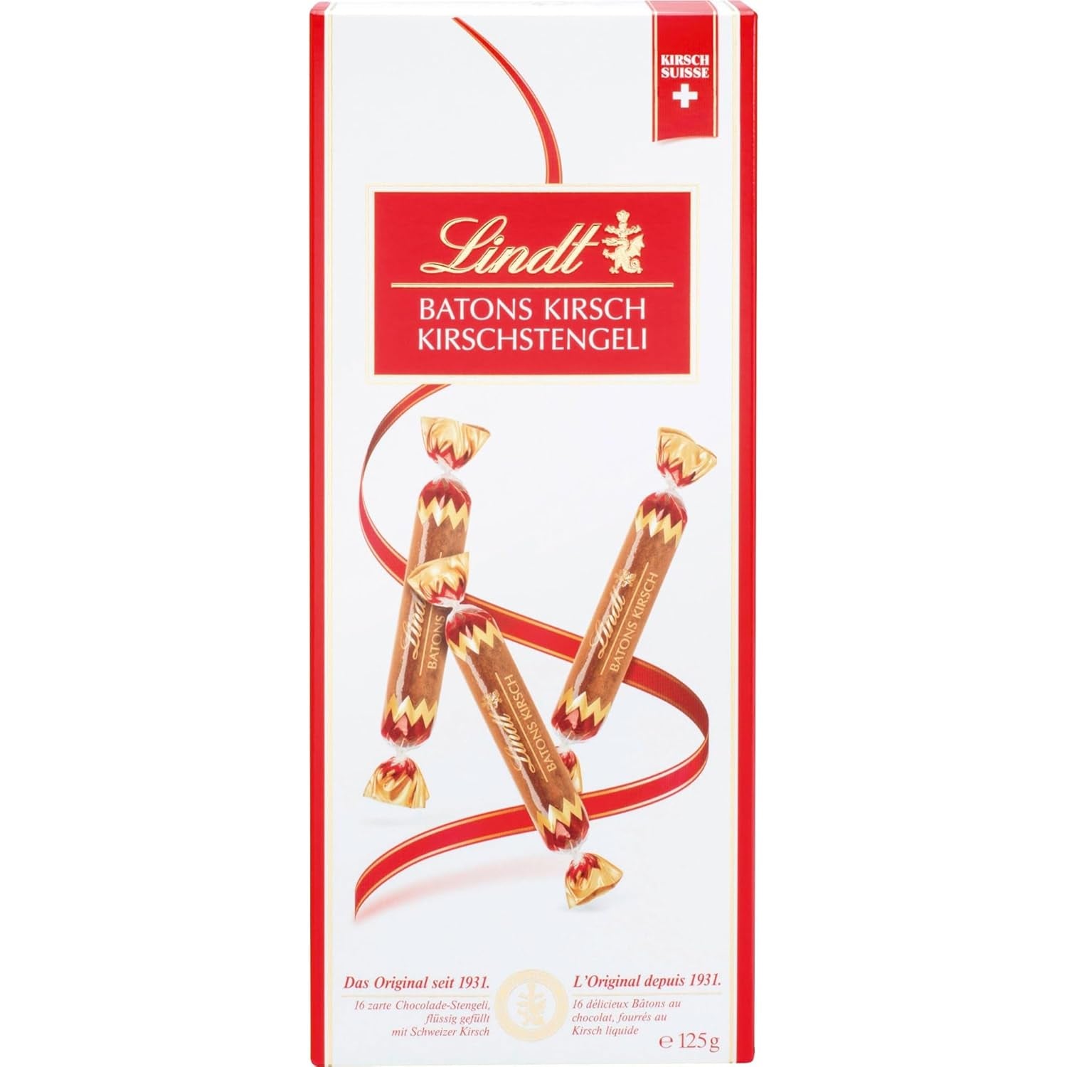 Batony czekoladowe Lindt z łodygami wiśni | 250 g 32 Batoniki mlecznej czekolady nadziewanej płynną wiśnią szwajcarską | Prezent czekolada z alkoholem | Czekoladowy prezent