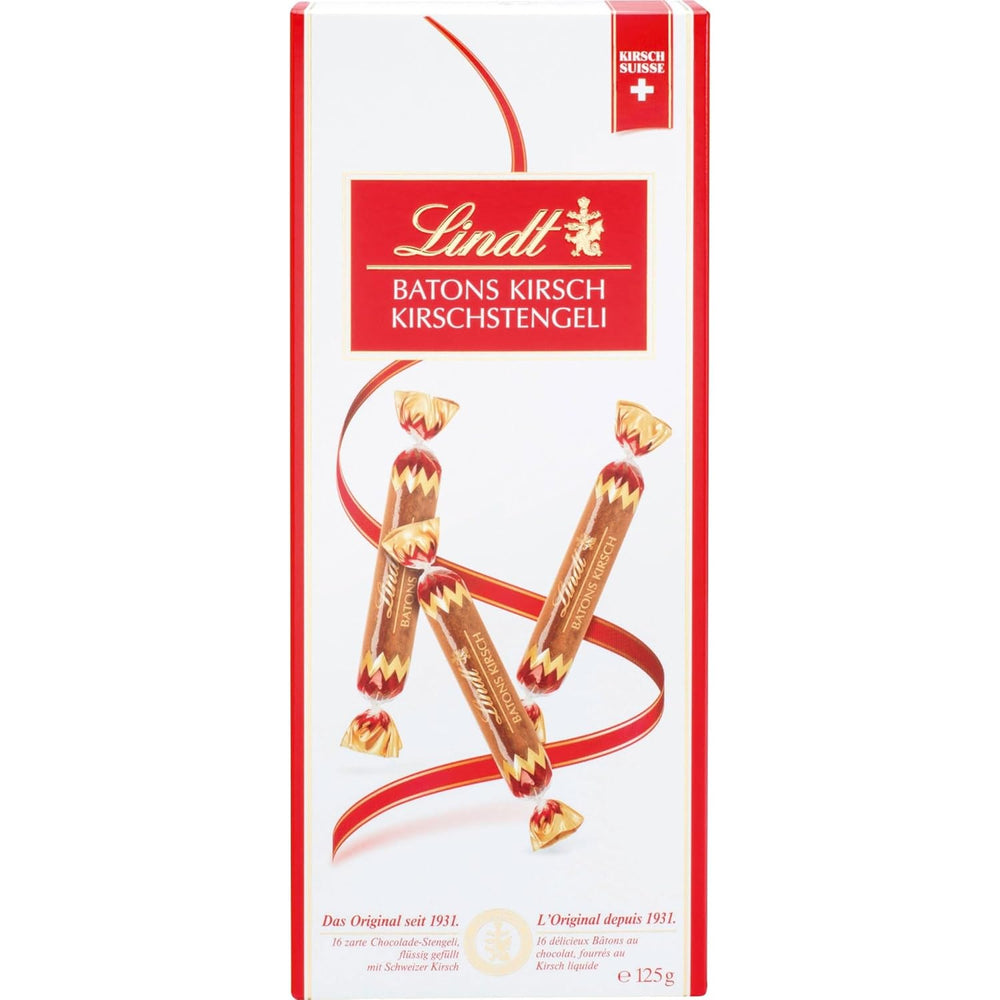 Batony czekoladowe Lindt z łodygami wiśni | 250 g 32 Batoniki mlecznej czekolady nadziewanej płynną wiśnią szwajcarską | Prezent czekolada z alkoholem | Czekoladowy prezent