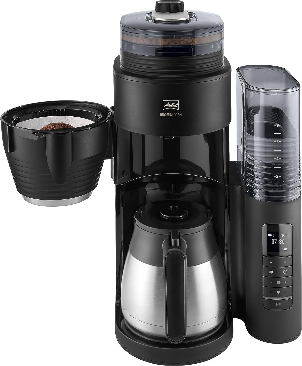 Melitta AromaFresh Therm Pro X – Espressor cu filtru, râșniță integrată, rezervor de apă detașabil, carafă termică din oțel inoxidabil și funcție de temporizator, pentru până la 8 cești de cafea, negru/argintiu