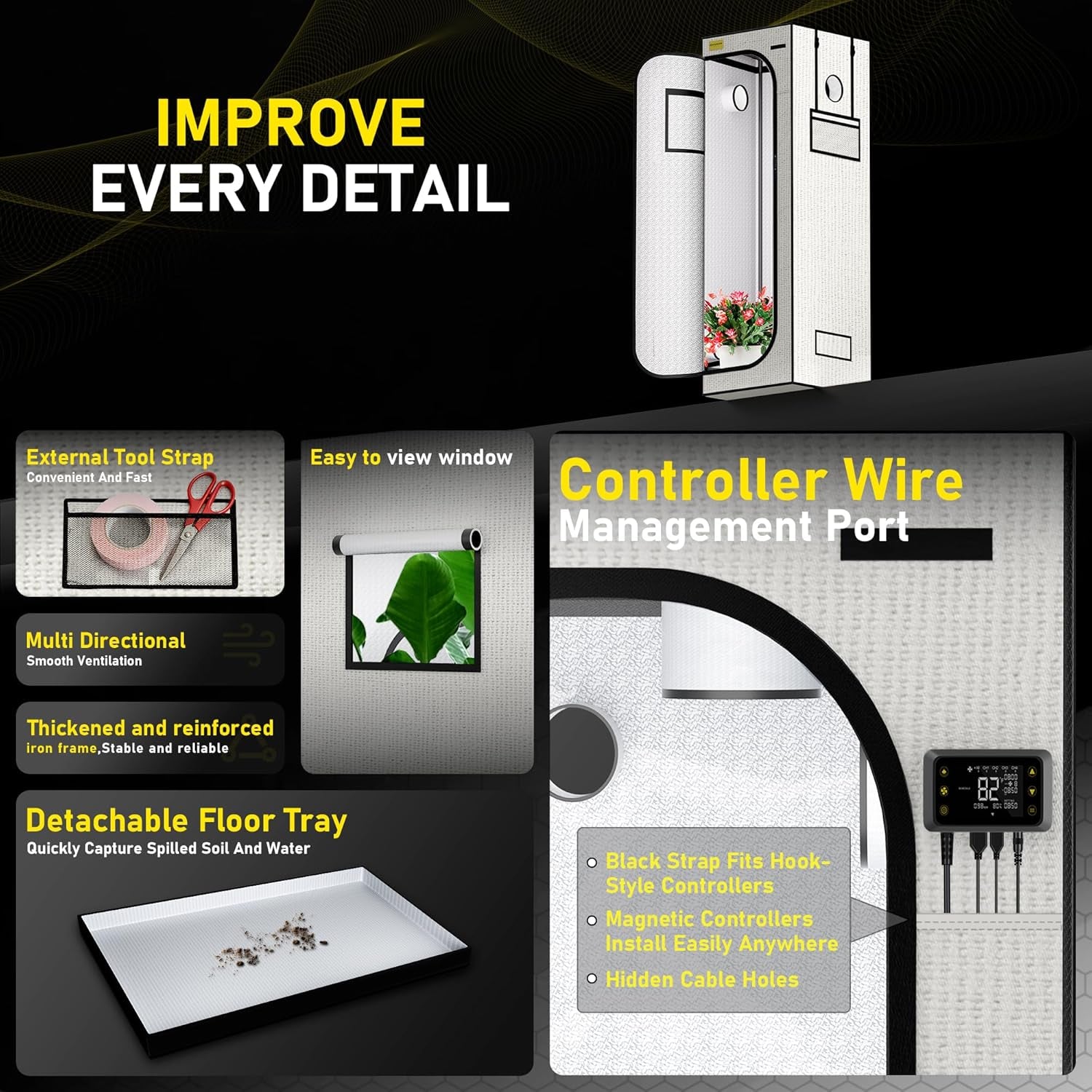 Namiot do uprawy 60x60x180 cm, materiał Oxford 600D z poliestrową folią odblaskową, stalowe rurki 22 mm, otwory wentylacyjne i okna widokowe, namioty do uprawy do hydroponiki, szklarni i ogrodów wewnętrznych