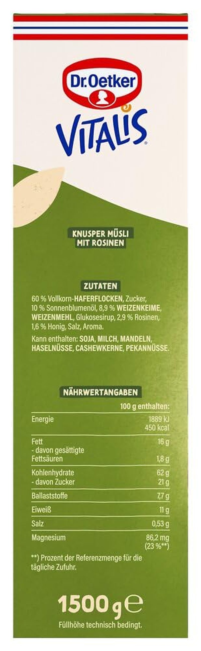 Dr. Oetker Vitalis Classic Crispy Muesli: Duże opakowanie chrupiącego musli śniadaniowego z rodzynkami, 1 opakowanie, 1,5 kg