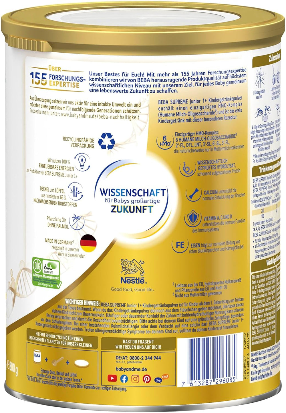 BEBA SUPREME JUNIOR 1 Plus - Napój dla dzieci od 1 roku, z kompleksem 6 HMO, bez laktozy, bez oleju palmowego, bez oleju rybnego, żywność dla małych dzieci, mleko w proszku dla niemowląt, opakowanie 6 szt. (6 x 800g)