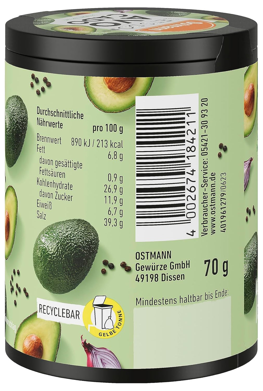 Ostmann Gewürze - Zróbmy Awokado | Gewürzsalz für Avocado, Guacamole lub Bowls | Crunchy Topping z Gewürzen, Kräutern i schwarzem Sesam | 70 g w koszu Metalldose