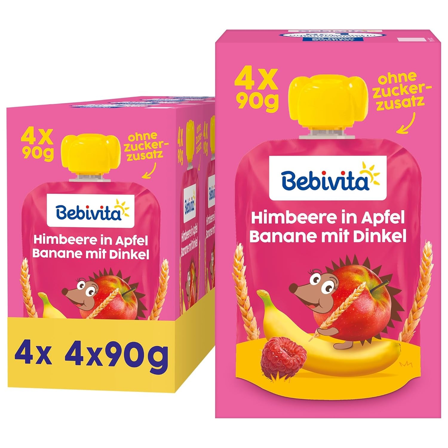 Saszetki wyciskane Owoce, Maliny, Jabłka, Banany i Orkisz - 16 sztuk (opakowanie po 4 sztuki, 4 x 90g każda), bez dodatku cukru, wykonane z miękkich owoców i pełnowartościowych ziaren, idealne jako przekąska na wynos i do spożycia własnego